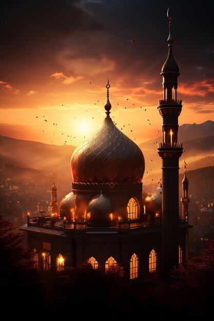 Silhueta de uma mesquita contra um céu ao pôr-do-sol