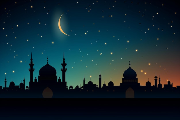 silhueta de uma mesquita e céu noturno com estrelas e lua