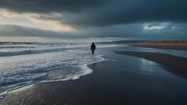 Silhueta de uma mulher caminhando pela praia em um dia de tempestade