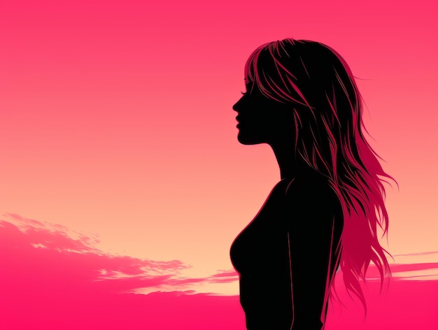 Foto silhueta de uma mulher com cabelos longos contra um céu rosa