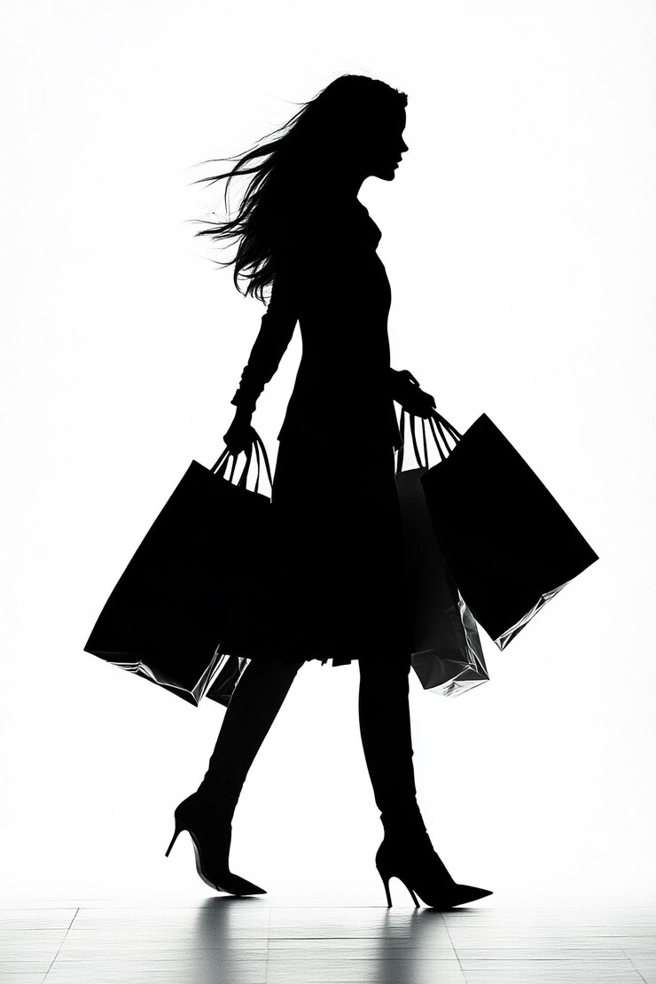 Foto silhueta de uma mulher com longos cabelos sacos de compras e um vestido preto em um fundo branco preto