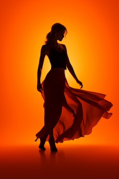 Foto silhueta de uma mulher dançando em um fundo laranja