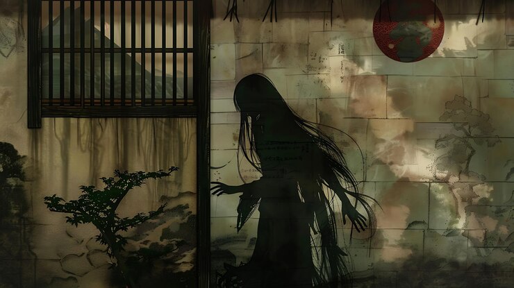 Foto silhueta de uma mulher de cabelo longo de pé em frente a uma parede de pedra com desenhos japoneses