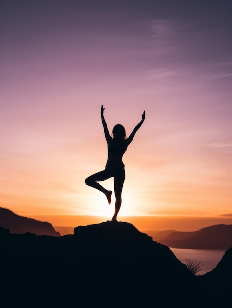 Silhueta de uma mulher em forma praticando ioga em um penhasco alto ao pôr do sol generativo ai