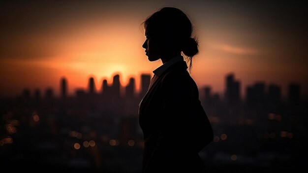 Foto silhueta de uma mulher em frente ao horizonte de uma cidade