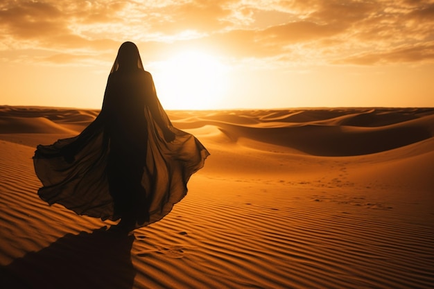 Silhueta de uma mulher em roupas muçulmanas nacionais no deserto do Saara, Marrocos, África, aparência estética