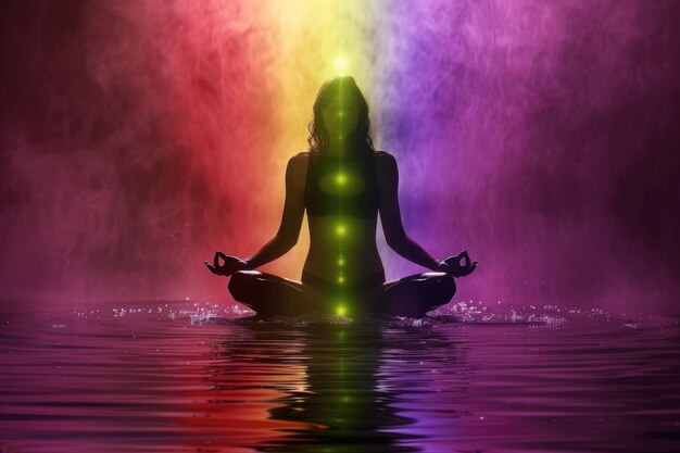 Silhueta de uma mulher em uma postura de ioga na posição de lótus que libera a mente limpa a aura e abre os chakras