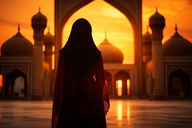 Silhueta de uma mulher persa em trajes nacionais contra o fundo do tradicional iraniano