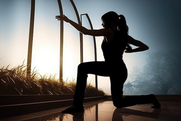 Silhueta de uma mulher praticando ioga contra o nascer do sol sobre uma paisagem gramada Uma jovem mulher praticando yoga na posição Virabhadrasana II vista lateral traseira rostos não revelados AI Gerado
