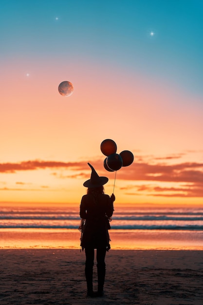 silhueta de uma mulher vestida de bruxa com balões na praia ao pôr do sol