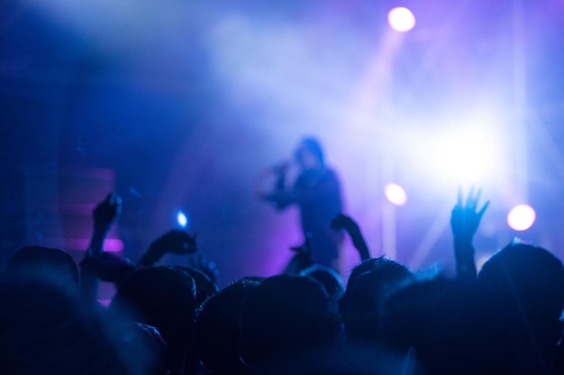 Silhueta de uma multidão de concertos em frente a luzes brilhantes do palco