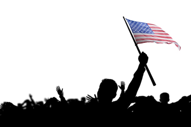Silhueta de uma multidão segurando a bandeira americana isolada sobre a vista branca
