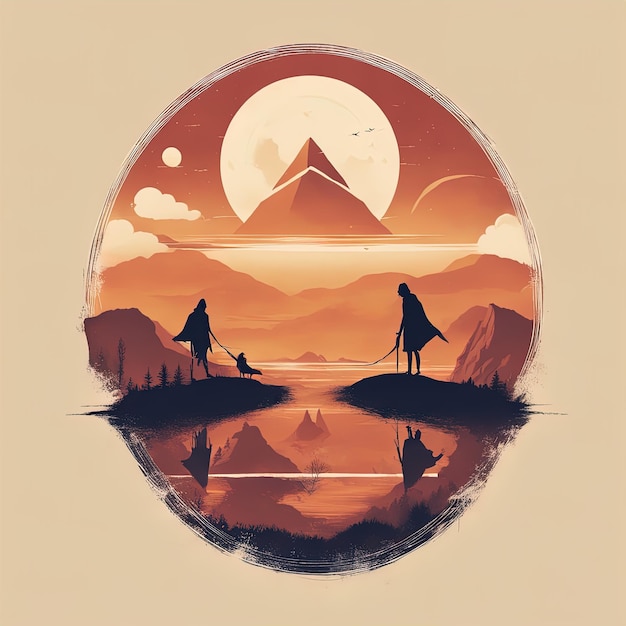 silhueta de uma paisagem montanhosa com montanhas lunares e ilustração do pôr do sol de um par de montanhas