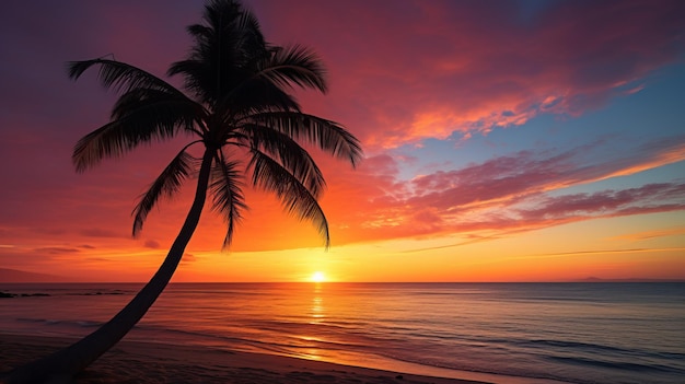 Silhueta de uma palmeira contra um pôr do sol dramático