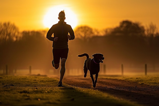 Foto silhueta de uma pessoa correndo no pôr do sol com um cão