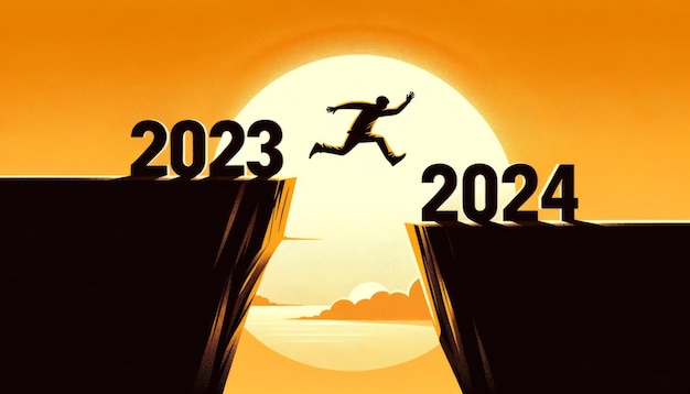 Silhueta de uma pessoa dando um salto corajoso do ano 2023 para 2024 Conceito de ano novo