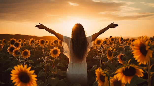 Silhueta de uma pessoa de pé em um campo de girassóis evocando sentimentos de alegria e positividade