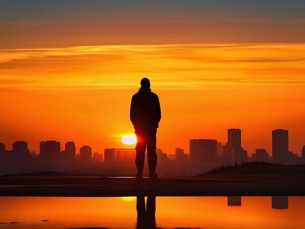 Silhueta de uma pessoa de pé em uma paisagem urbana tranquila ao pôr do sol