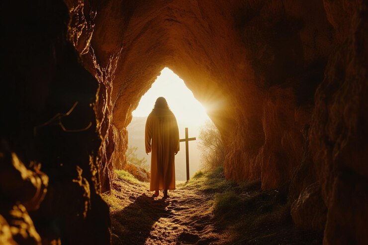 Silhueta de uma pessoa de pé na entrada de uma caverna com uma cruz iluminada pelo sol visível do lado de fora evocando sentimentos de esperança, espiritualidade e contemplação pacífica