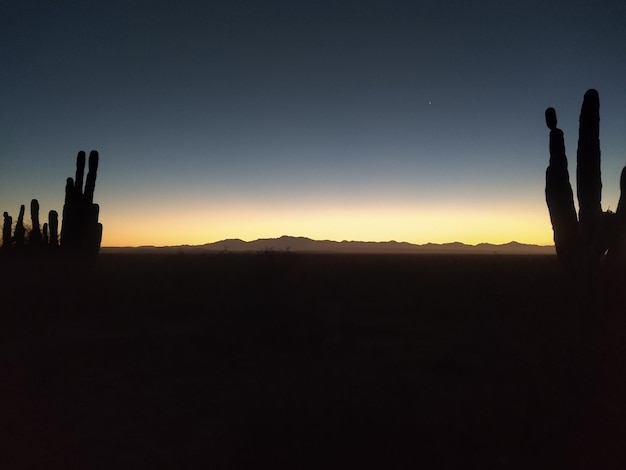 Silhueta de uma pessoa de pé na paisagem contra o céu durante o pôr do sol