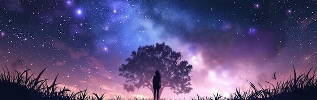 Silhueta de uma pessoa de pé sob uma árvore estrelada crepúsculo noite céu estrelas galáxia
