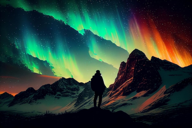 Silhueta de uma pessoa nas montanhas observando a bela aurora boreal no céu generativo ai
