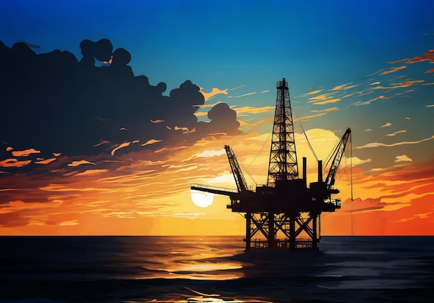 silhueta de uma plataforma petroleira offshore durante o pôr-do-sol com um céu dramático