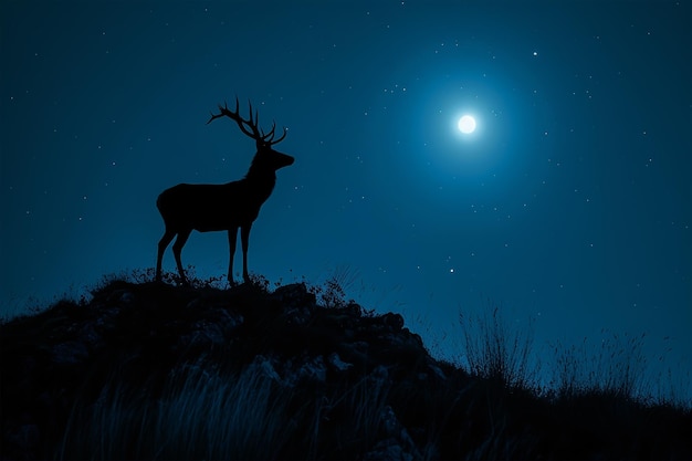 Foto silhueta de veado em uma colina ao luz da lua dia mundial da vida selvagem