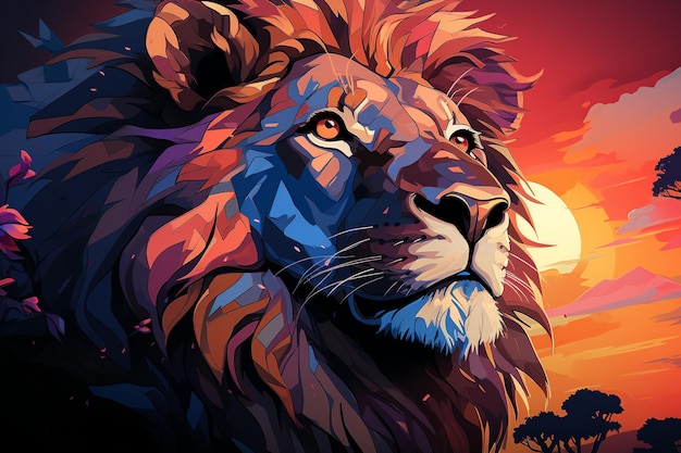 Silhueta design colorido de uma cabeça de leão com pôr do sol