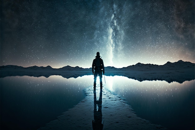 Silhueta distante do explorador em pé e segurando uma lanterna na lagoa de sal seco no fundo do céu estrelado com brilhante Via Láctea à noite
