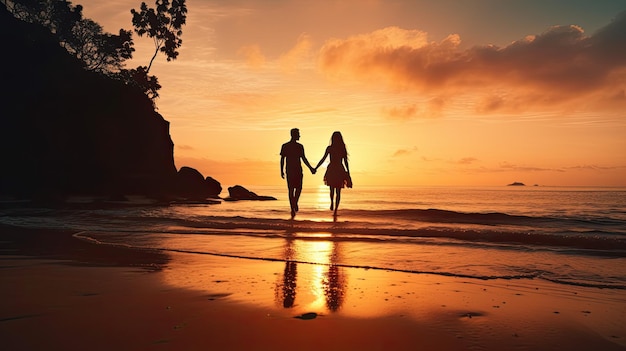 Silhueta do casal romântico de mãos dadas ao nascer do sol na praia