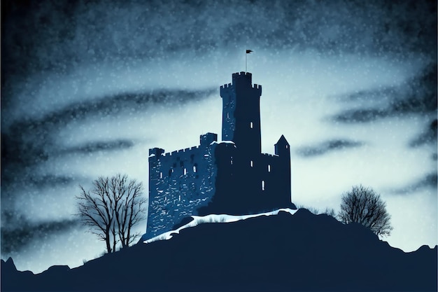 Silhueta do castelo no inverno na ilustração da noite