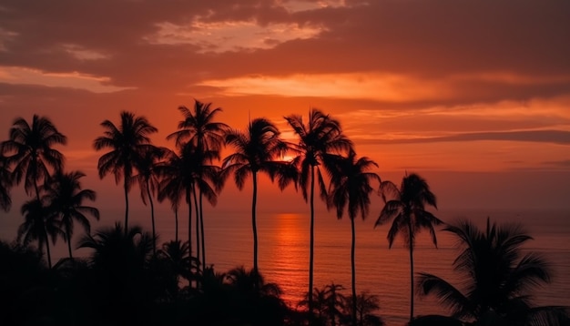 Silhueta do céu vibrante do pôr do sol da palmeira gerado pelo AI