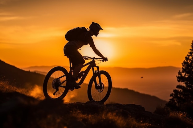 Silhueta do ciclista de enduro andando de mountain bike na trilha rochosa em Sunset Bicycle