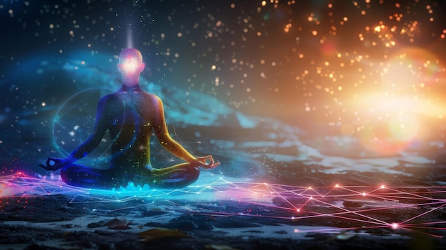 Silhueta do corpo astral em postura de lótus praticando ioga contra o fundo cósmico Meditação conectada