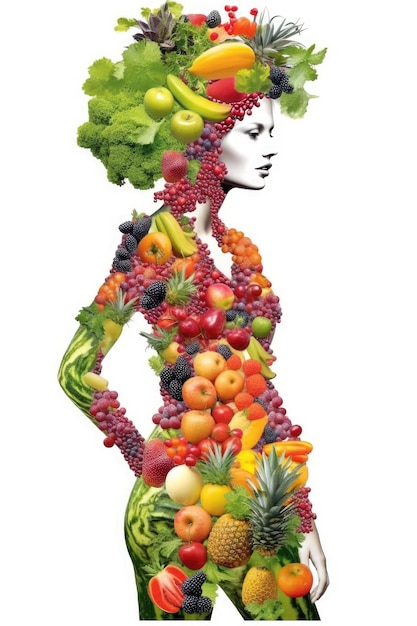 Silhueta do corpo de uma mulher saudável composta por vegetais com fundo branco representando comida saudável e vegetariana IA generativa