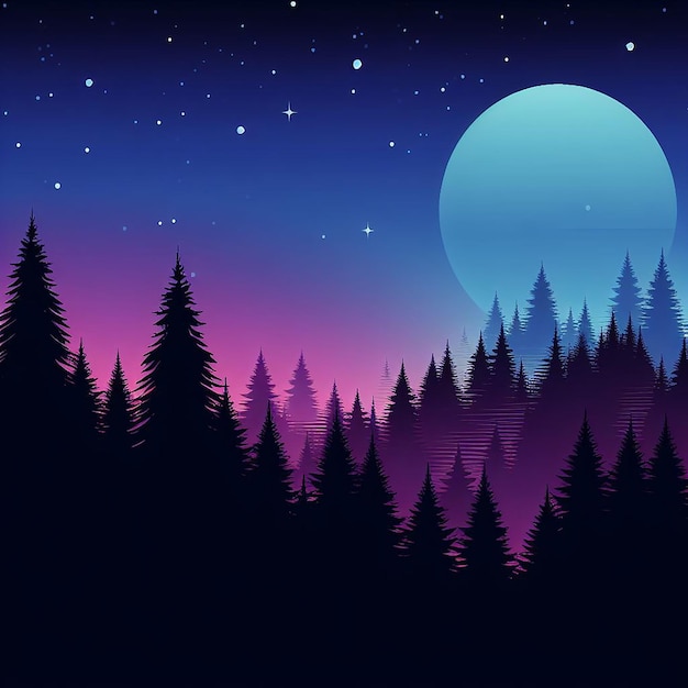Silhueta do crepúsculo Floresta gradiente Fundo em roxos Azul e preto