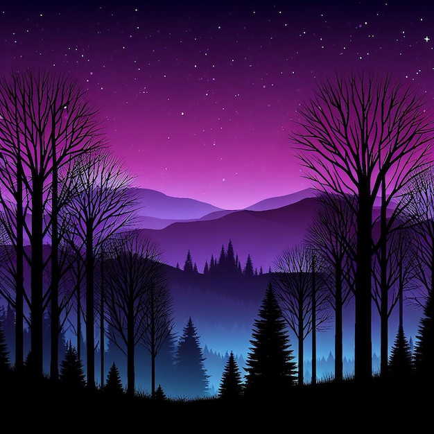 Silhueta do crepúsculo Floresta gradiente Fundo em roxos Azul e preto
