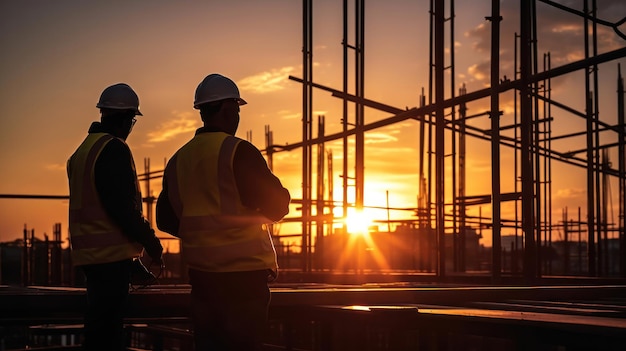 Silhueta do engenheiro e do trabalhador verificando o projeto no canteiro de obras de fundo do canteiro de obras ao pôr do sol à noite