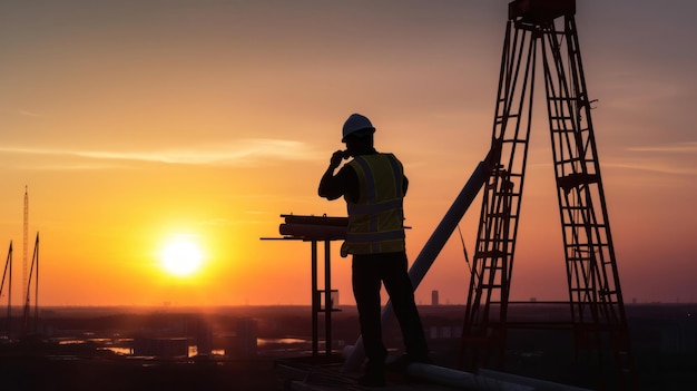 Silhueta do engenheiro verificando o projeto no canteiro de obras de fundo do canteiro de obras ao pôr do sol no entardecer