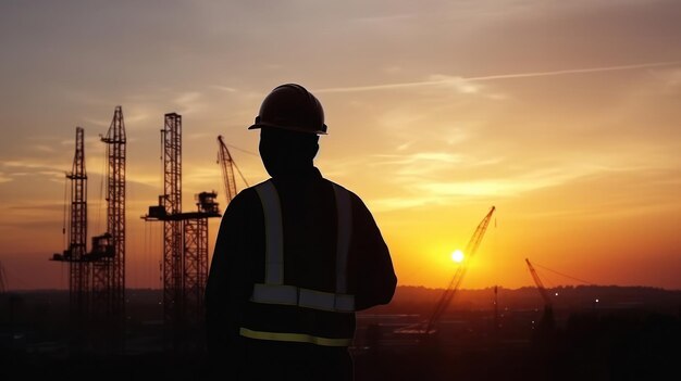 Silhueta do engenheiro verificando o projeto no canteiro de obras de fundo do canteiro de obras ao pôr do sol no entardecer