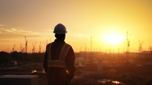 Silhueta do engenheiro verificando o projeto no canteiro de obras de fundo do canteiro de obras ao pôr do sol no entardecer