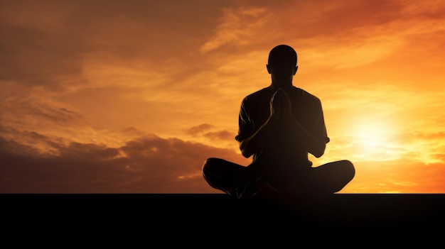 Silhueta do homem e meditação na natureza ao pôr do sol ou ao nascer do sol para a atenção plena e a espiritualidade