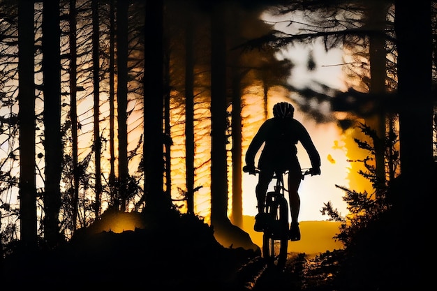 Silhueta do homem pela floresta pedalando durante o pôr do sol generative ai