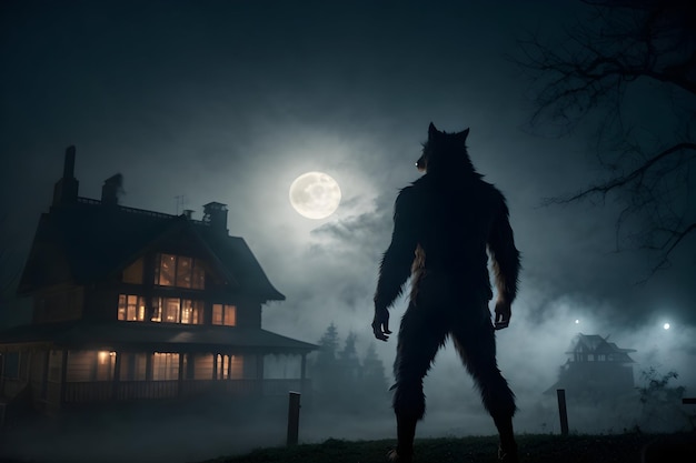 Foto silhueta do lobo-garo da noite de halloween lua cheia e casa assombrada