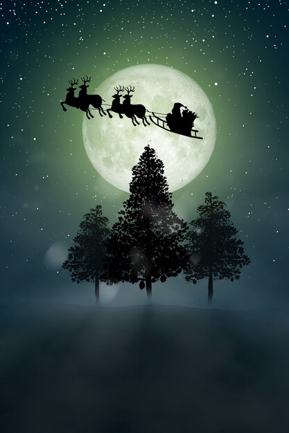 Silhueta do Papai Noel começa a andar em suas renas durante a lua cheia à noite de Natal