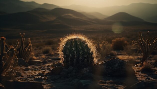 Silhueta do pôr do sol, árvore da montanha e cacto cholla gerados por IA