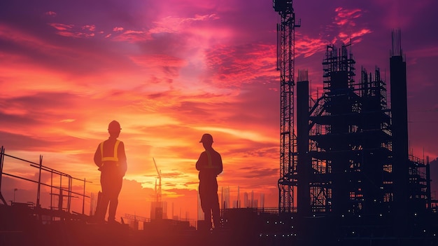 Silhueta engenheiro ordens permanentes para equipes de construção para trabalhar em terra alta indústria pesada