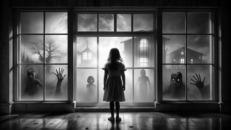 Foto silhueta escura de menina atrás do vidro trancada sozinha na sala atrás da porta no halloween em escala de cinza