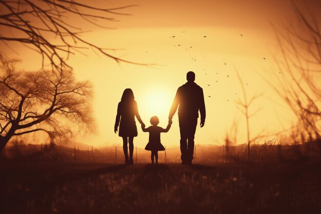 Silhueta familiar com pai e mãe caminhando com a filha ao ar livre ao pôr do sol AI